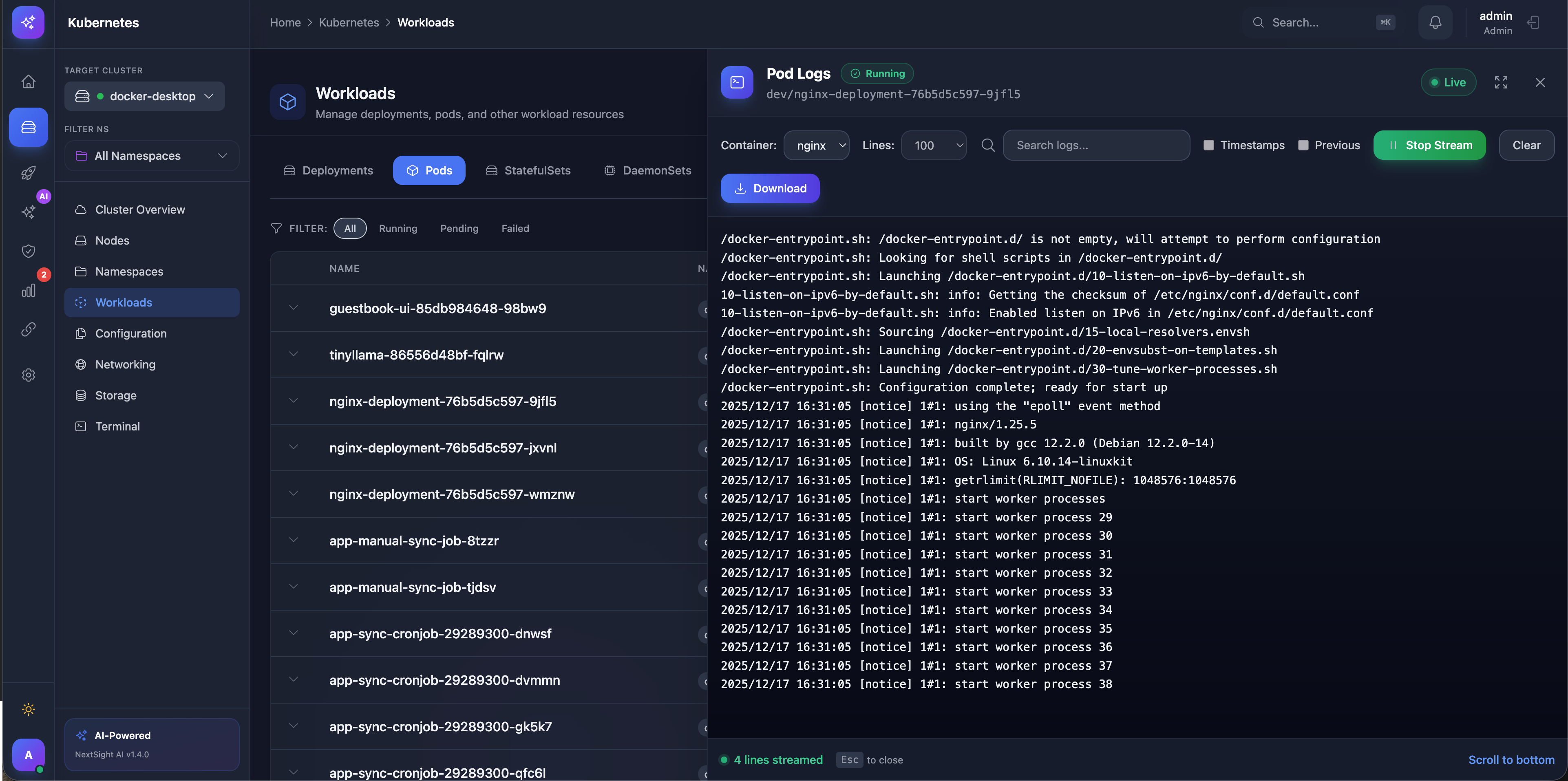 Kubernetes - Real-time pod logs with WebSocket streaming and search