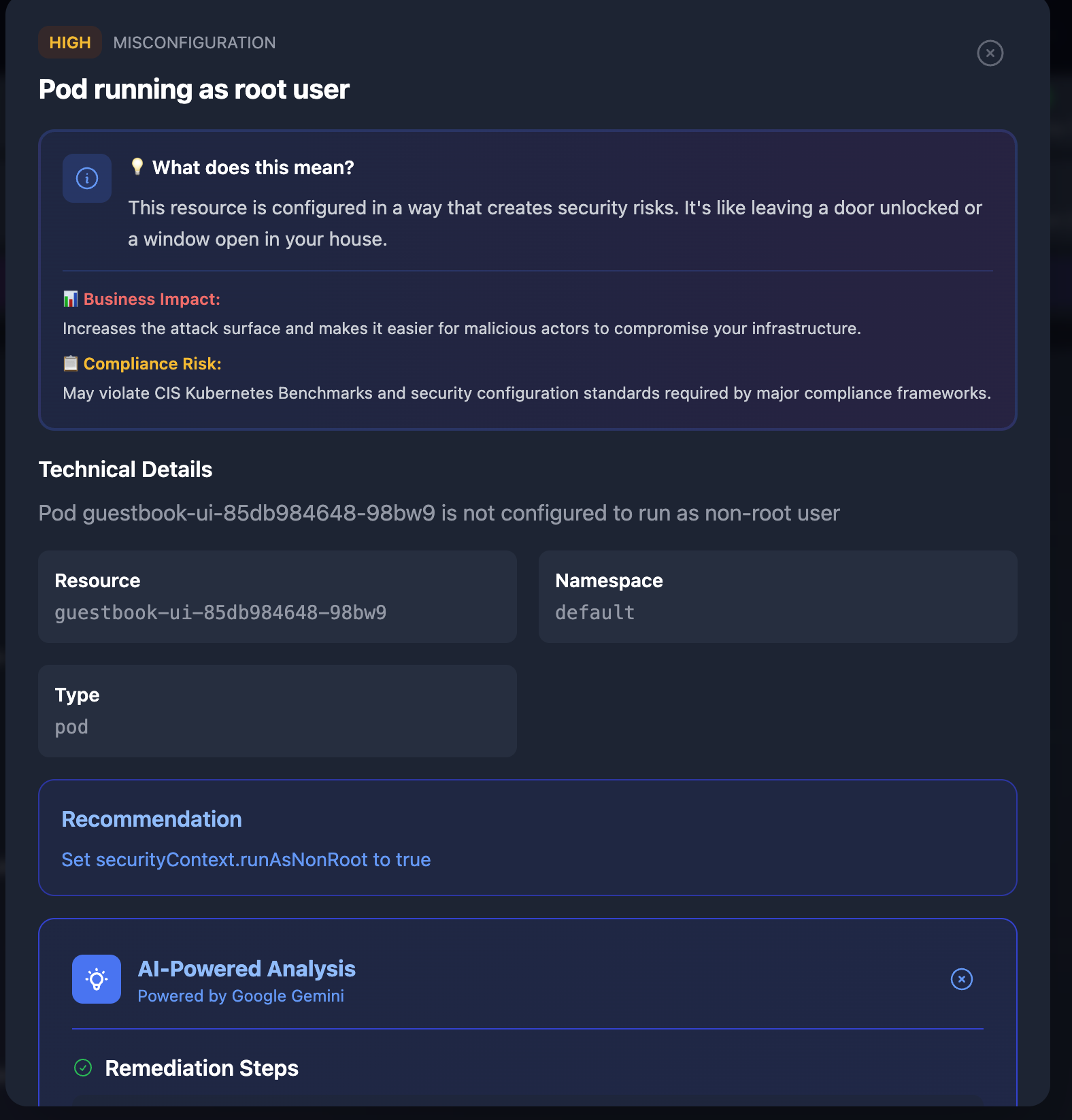 Security - AI-powered remediation with kubectl commands and YAML examples