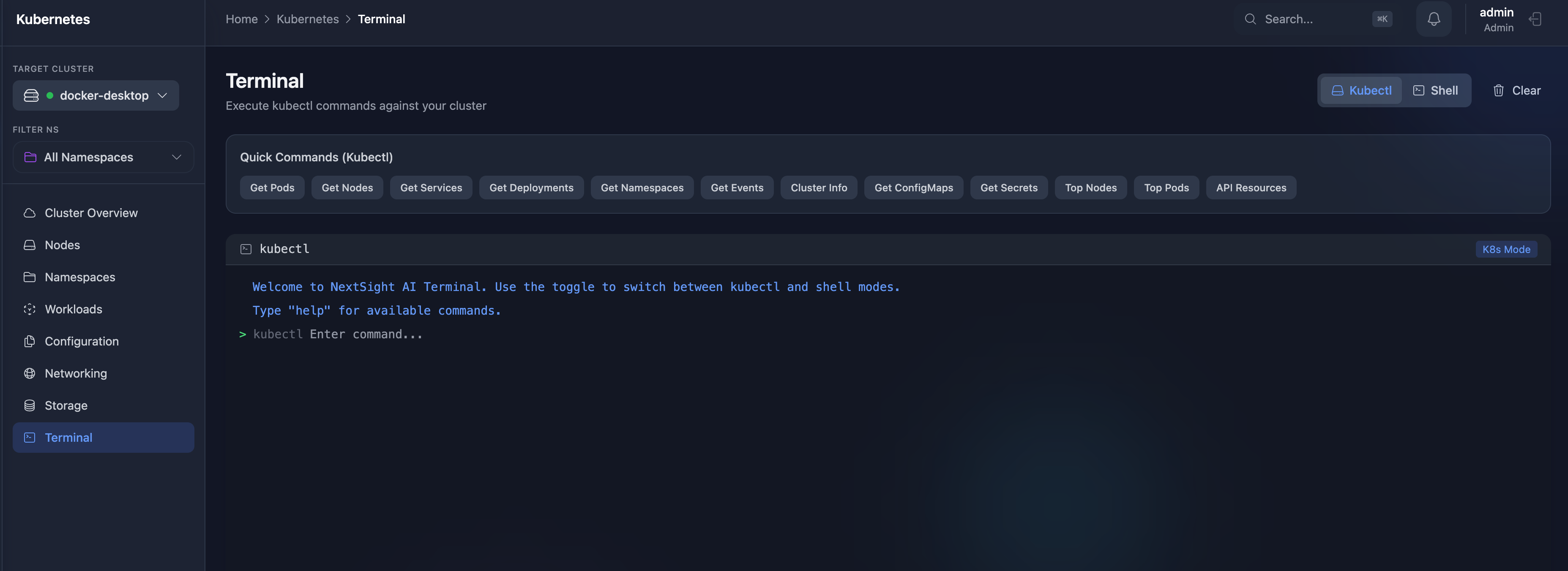 Terminal - Interactive xterm.js terminal with pod exec and debug containers
