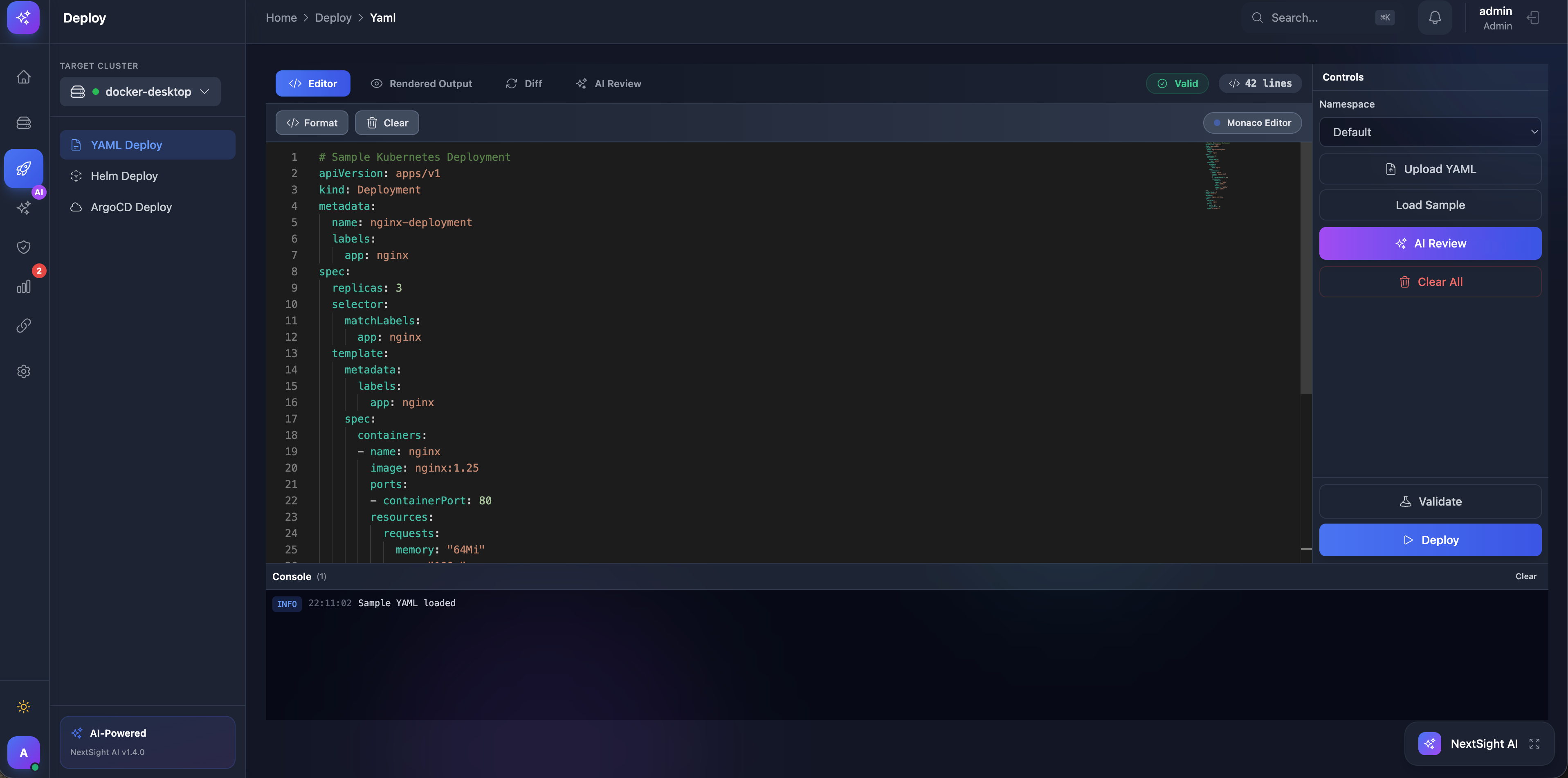 Deploy - YAML editor with dry-run validation and deployment summary